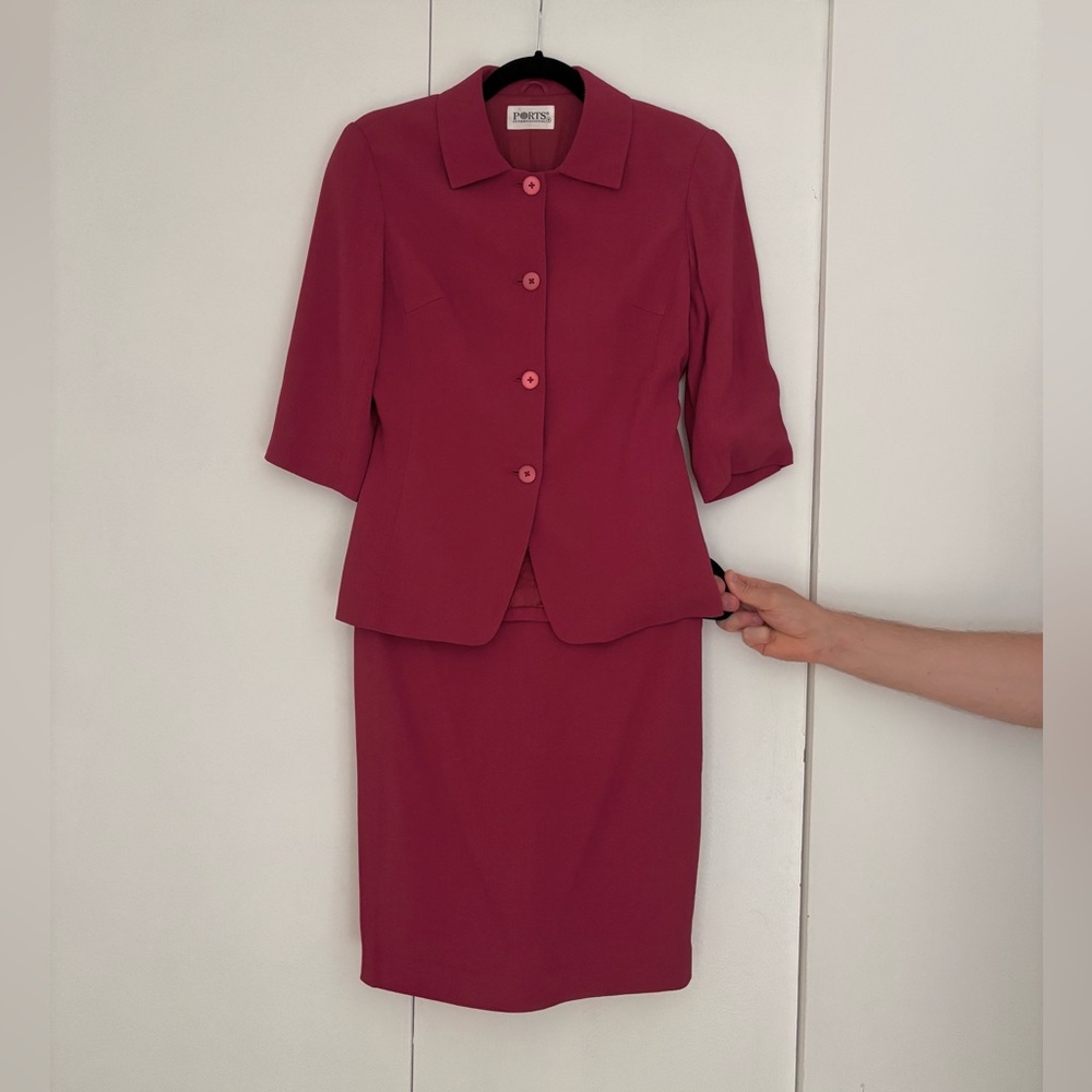 Vintage designer Ports red herringbone suit blazer skirt set sz S or XS